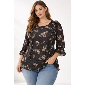 Torrid Floral Chiffon Blouse Black White Dot Print Bell Sleeve NWT Size 1X
